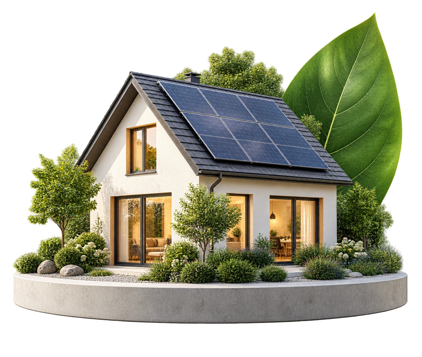 Haus mit Solaranlage, Garten und einem großen grünen Blatt